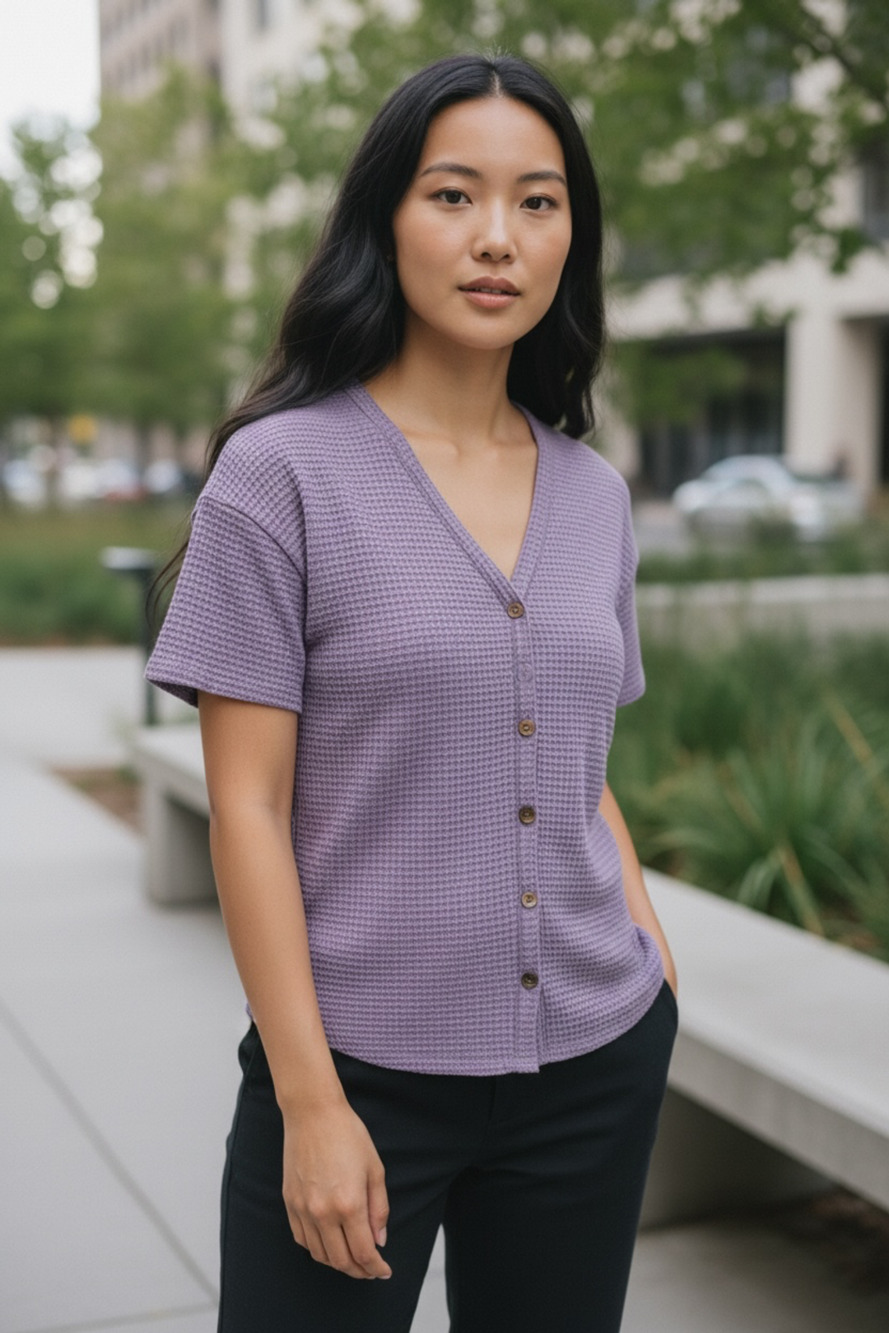 Macaron V-Neck Button Front Waffle Knit Cardigan Top